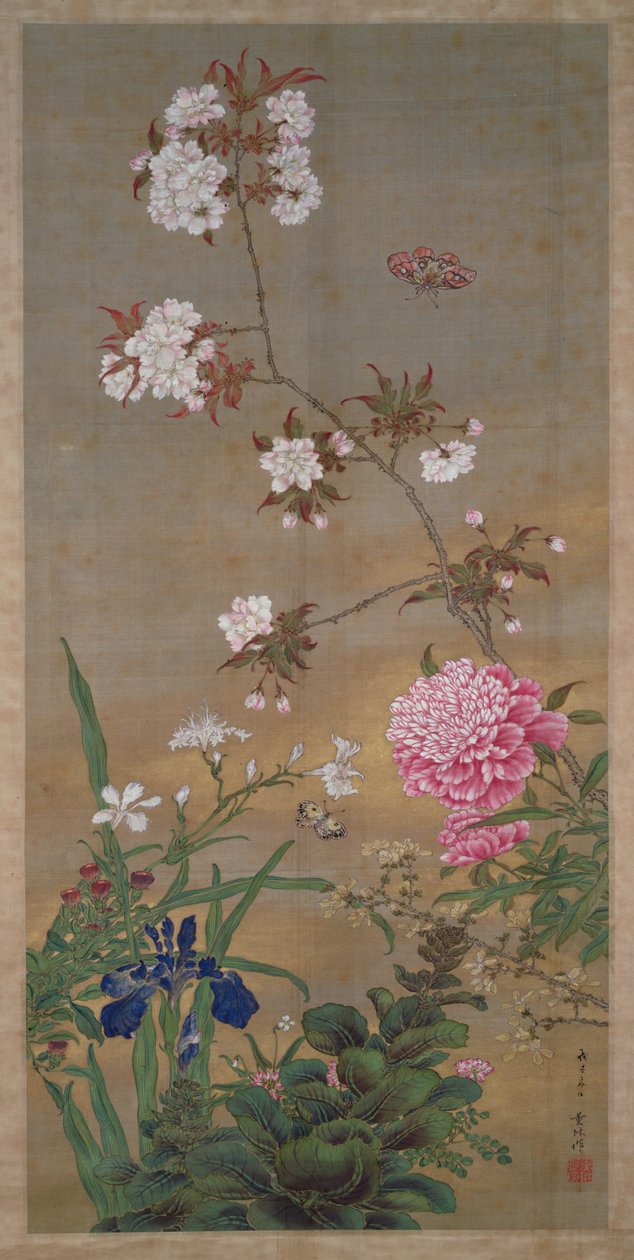 Peônia, íris, flor de cerejeira e uma borboleta, 1828 (tinta, cores e ouro em seda) de Abe Kan Torin