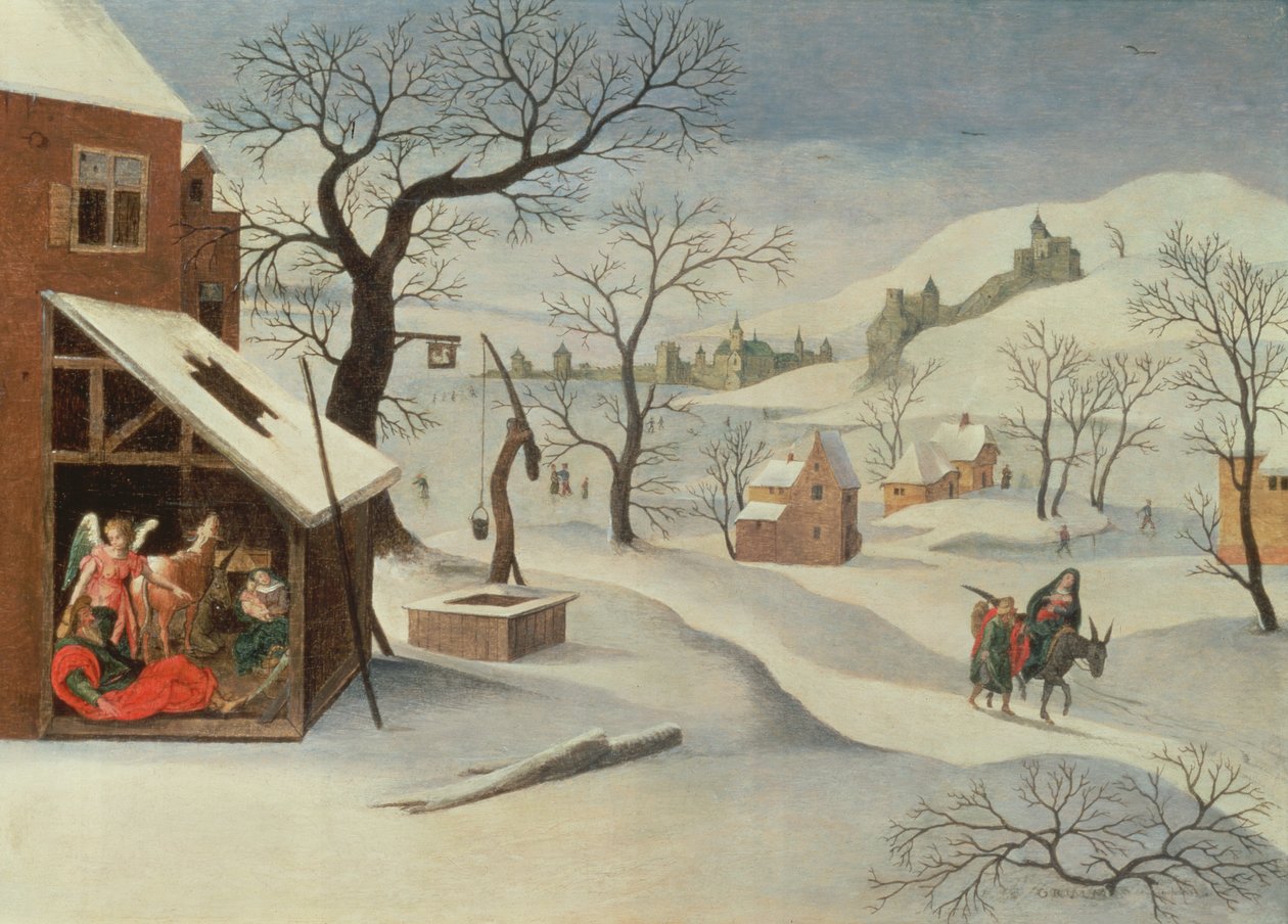 Voo para o Egito em uma paisagem de inverno (painel) de Abel Grimmer or Grimer