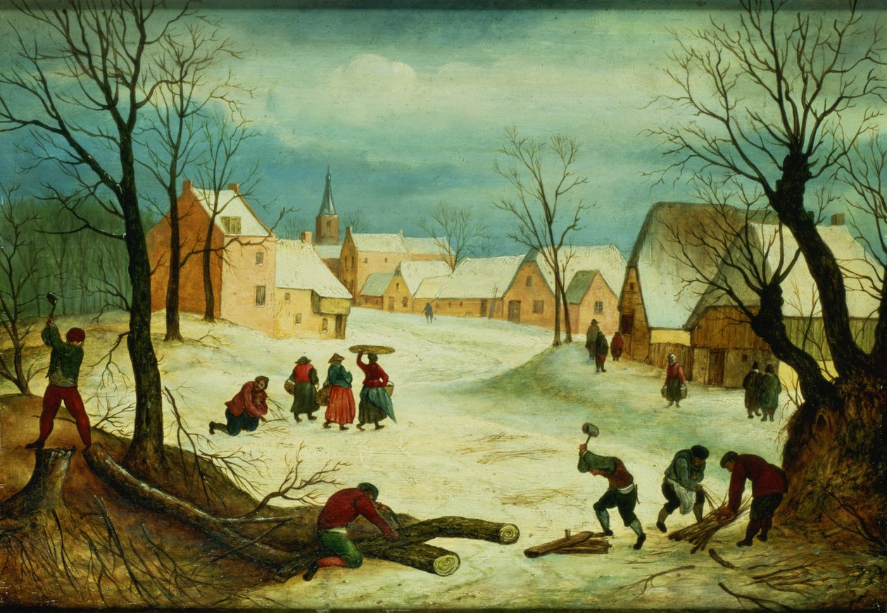 Paisagem de inverno com camponeses cortar madeira de Abel Grimmer or Grimer