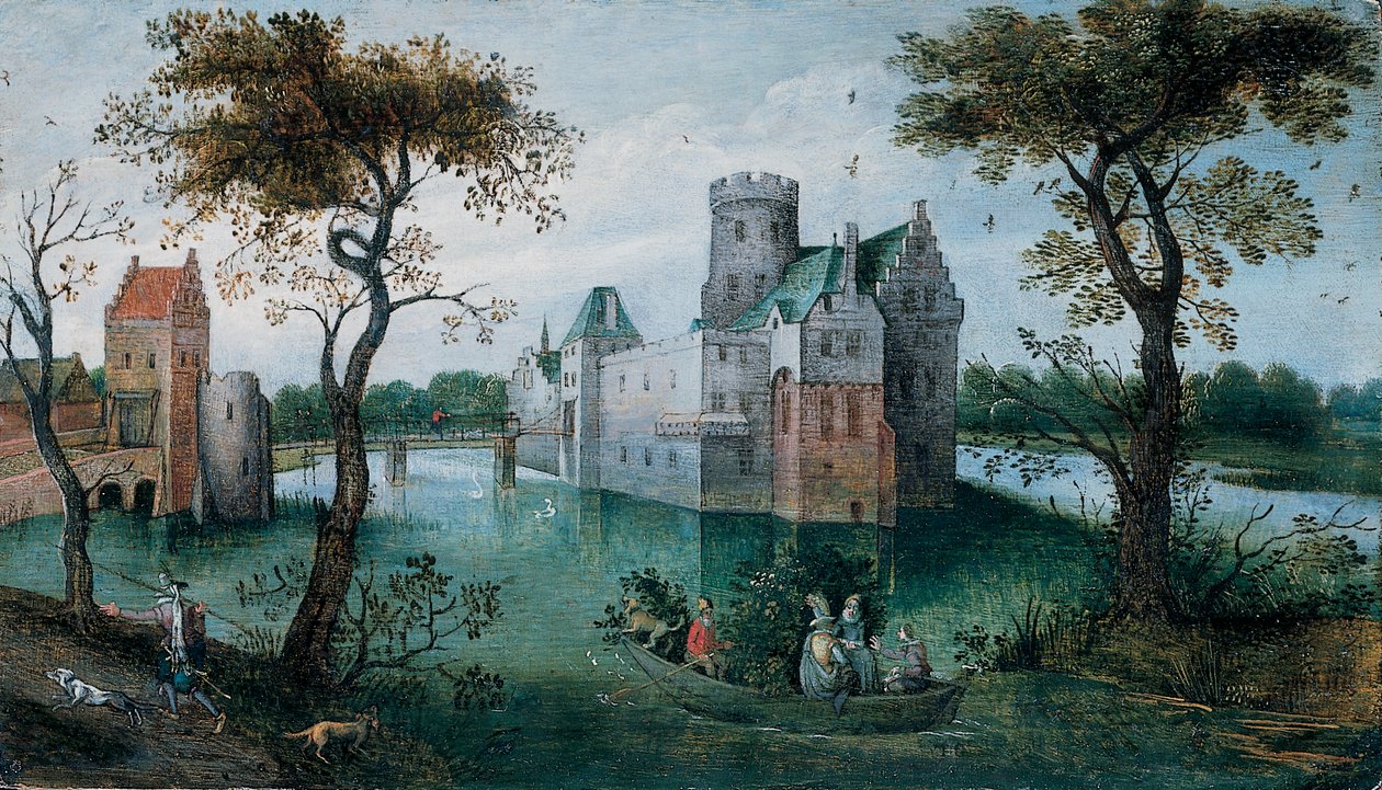 Um castelo com fosso com elegantes figuras em um barco e um caçador e seus cães em um caminho em primeiro plano (óleo no painel) de Abel Grimmer or Grimer