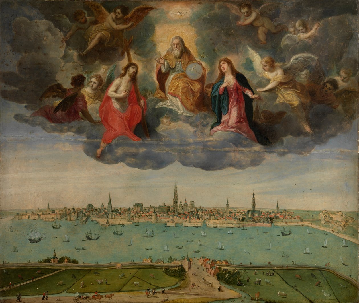Antuérpia e a cabeça flamenga em 1600, c.1600 (óleo sobre painel) de Abel Grimmer or Grimer