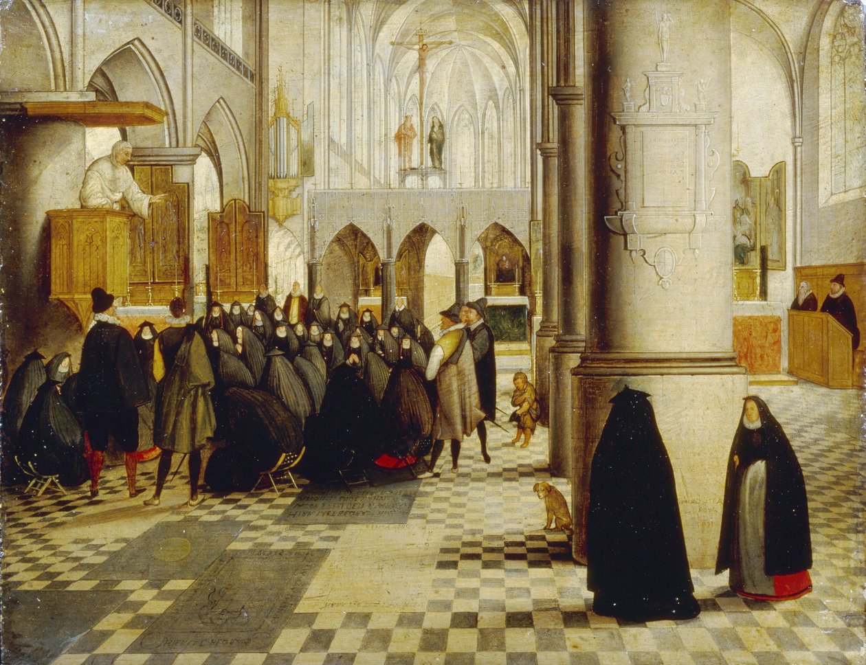 Serviço da Igreja. Pintura de Abel Grimmer (1570-1619), óleo sobre madeira de Abel Grimmer or Grimer