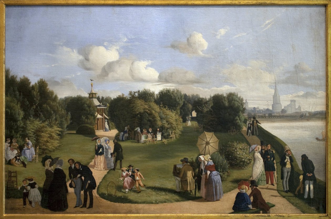 Vista do Rochelle (jardim do banho Marie Therese). Personagens da burguesia num parque: casal a conversar num banco, homens a cumprimentar senhoras, criança a brincar com um aro... Pintura de Alexandre Abel de Pujol (1785-1861), Oil On Canvas de Abel de Pujol