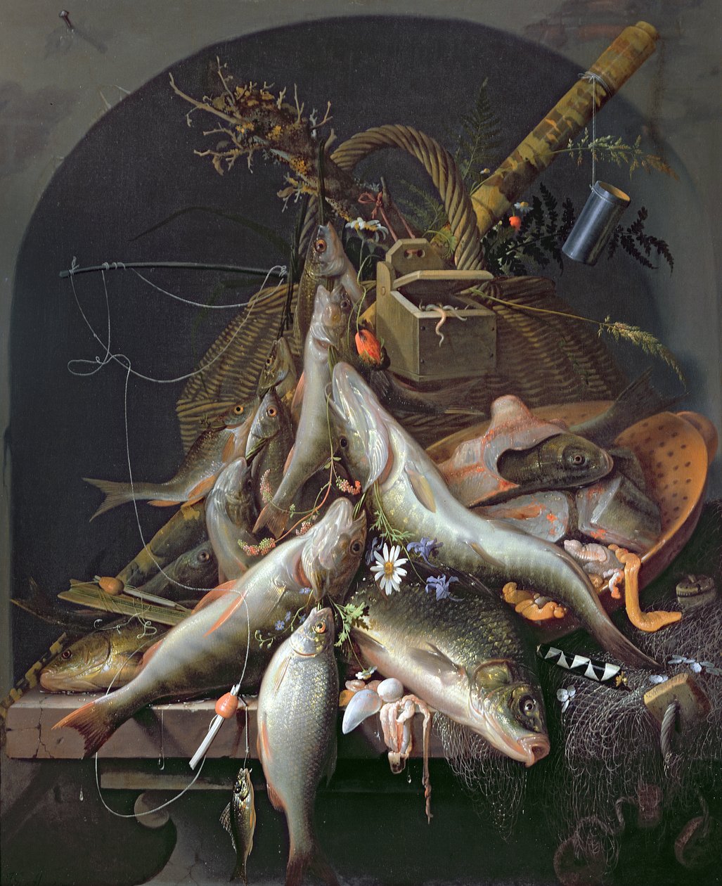 Uma vida ainda de peixe e equipamento de pesca de Abraham Mignon