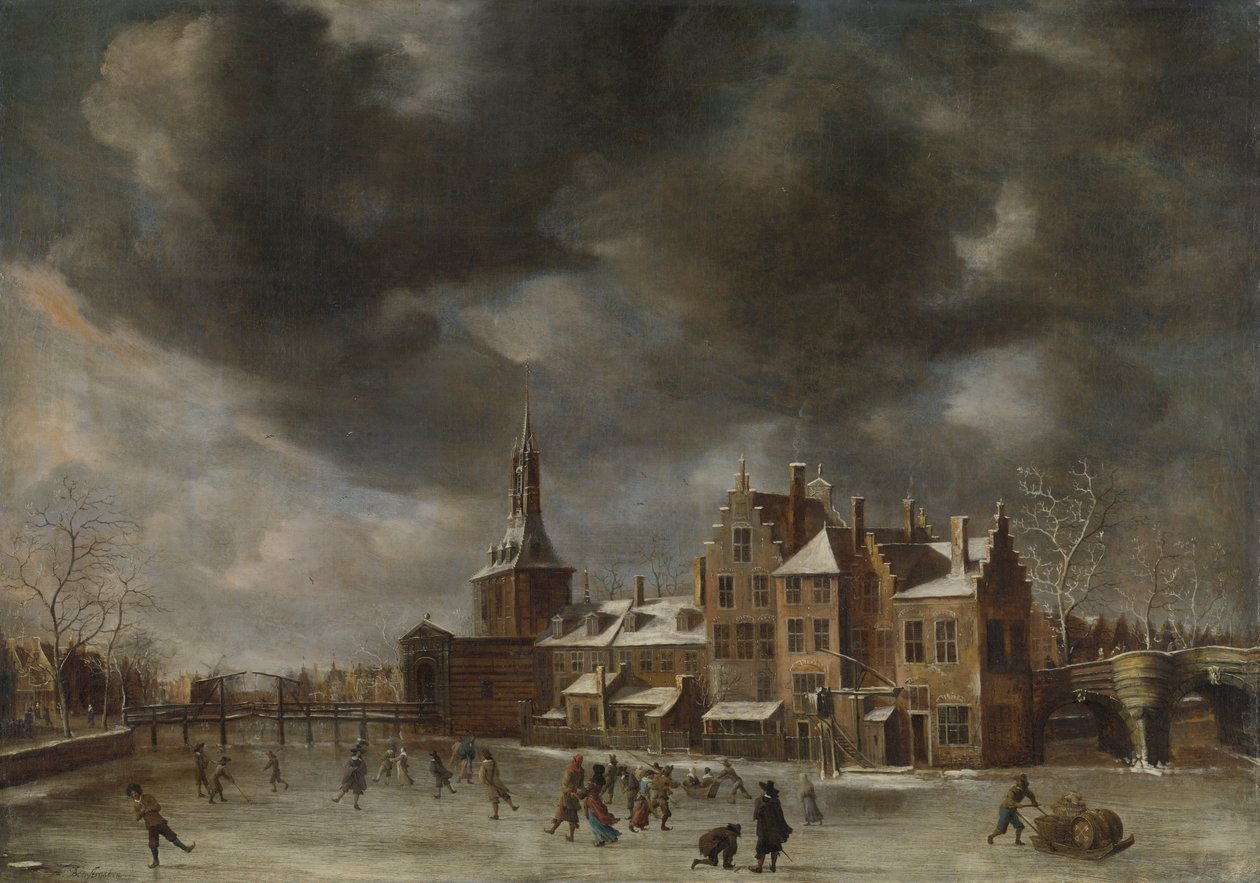 O Blauwpoort em Leiden no inverno de Jan Abrahamsz. Beerstraten