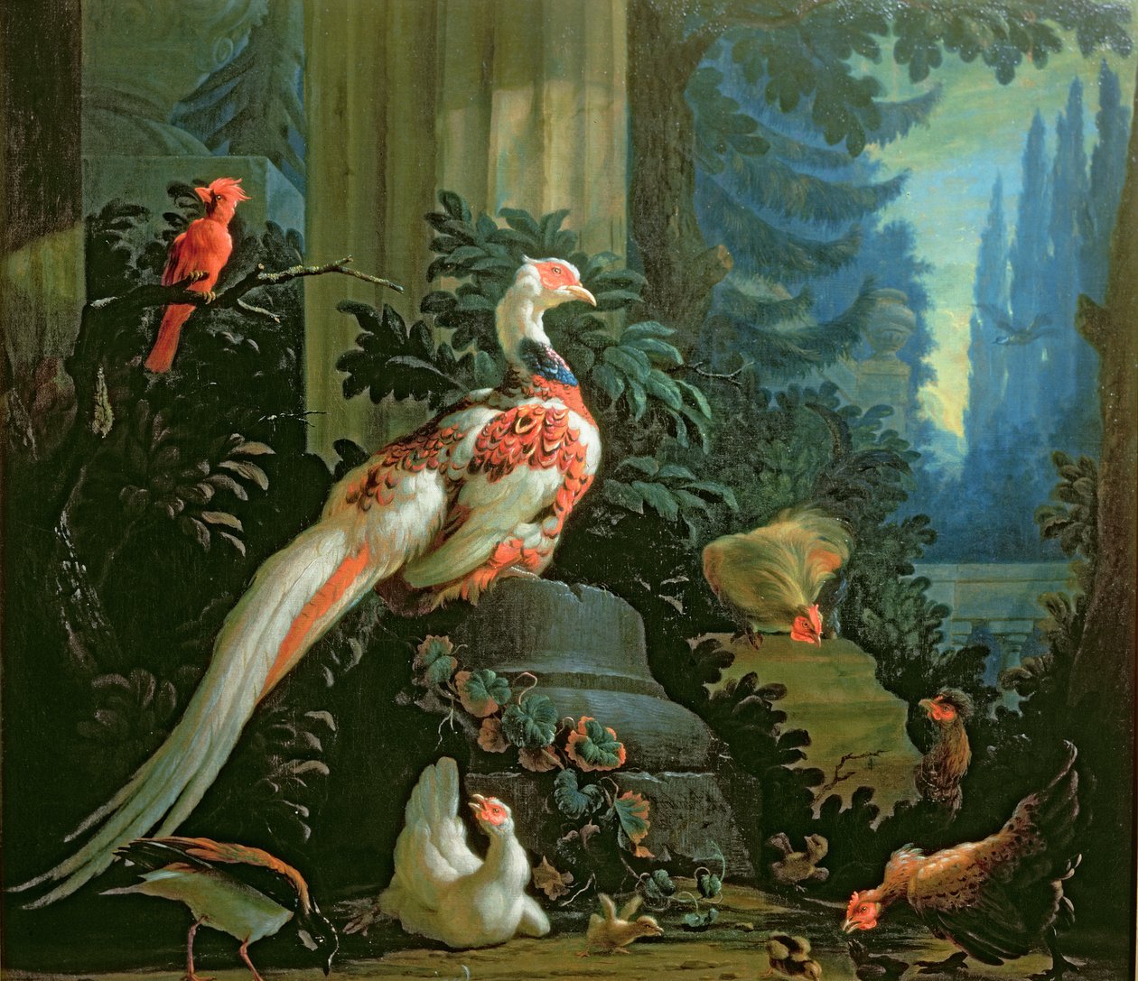 Um faisão branco, um cardeal vermelho e aves em uma paisagem de Abraham Bisschop