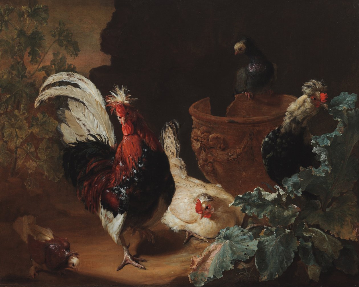 Um galo, duas galinhas e dois pombos por um antigo vaso de terracota lascada em uma paisagem, 1695 de Abraham Bisschop