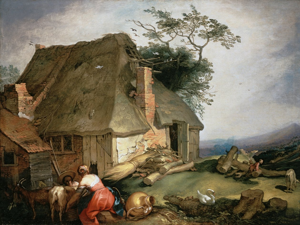 Uma cabana com camponeses ordenhando cabras de Abraham Bloemaert