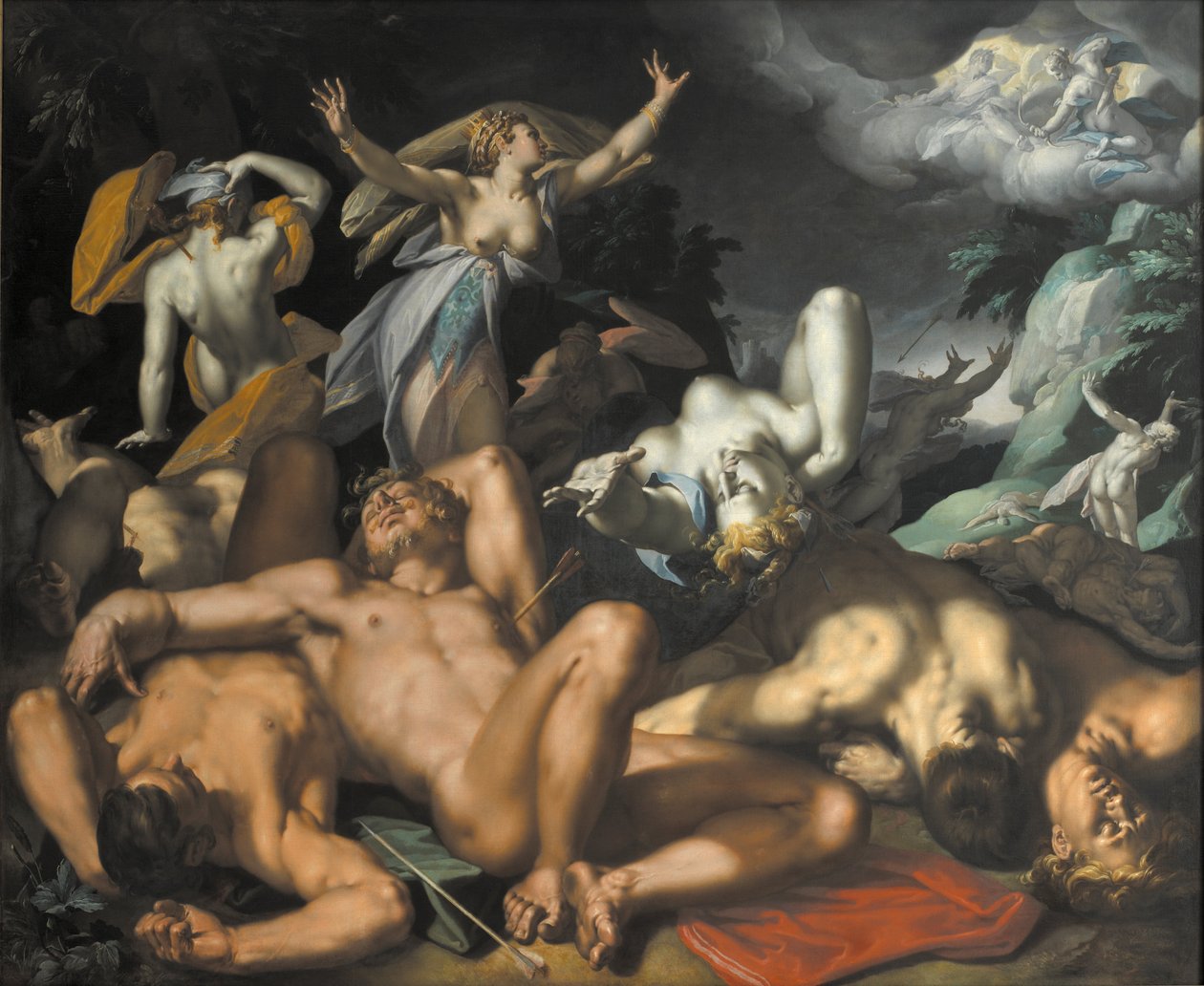 Apolo e Diana punindo Niobe por matar seus filhos de Abraham Bloemaert