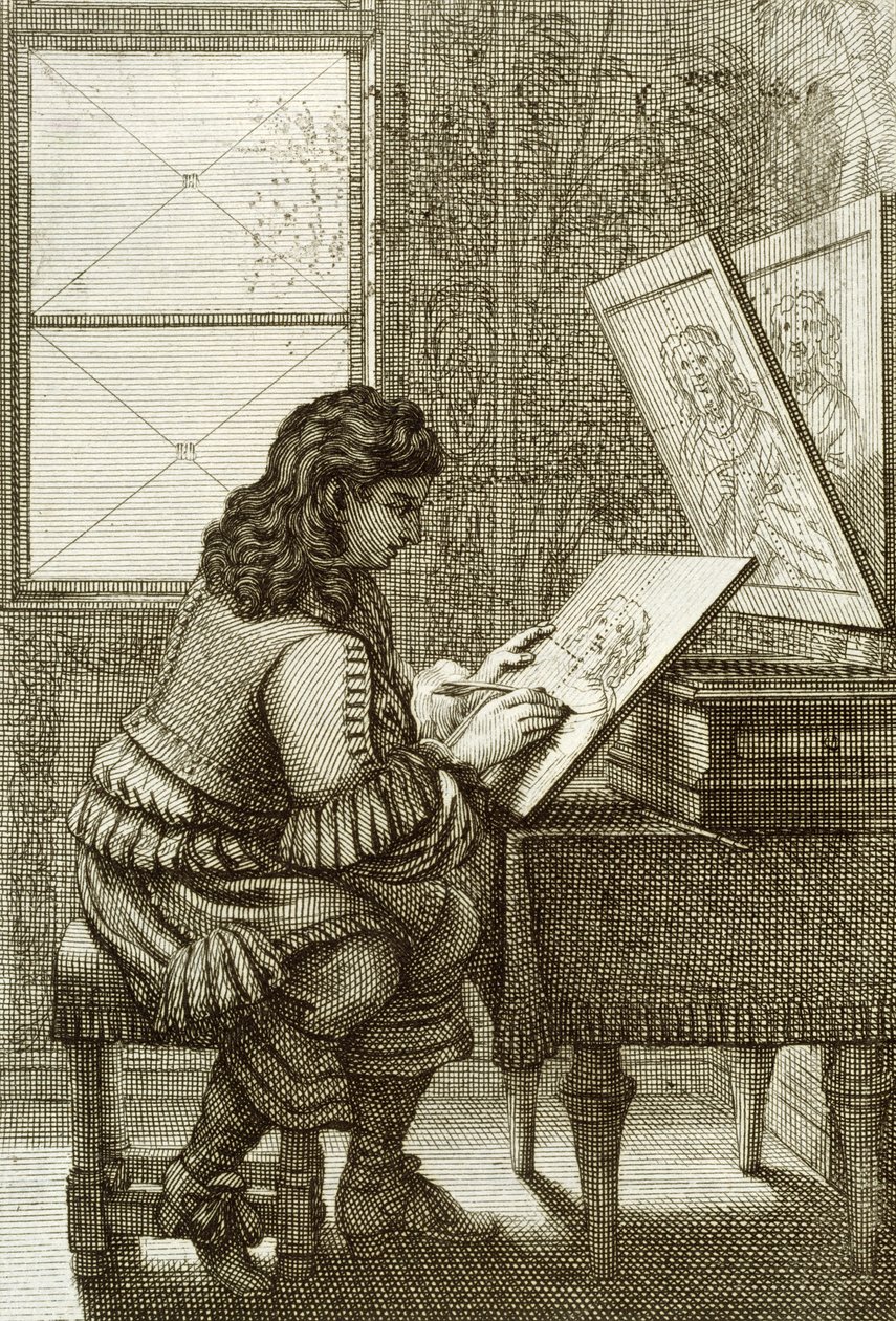 Um artista copiando em uma placa de gravura, impresso 1737 de Abraham Bosse