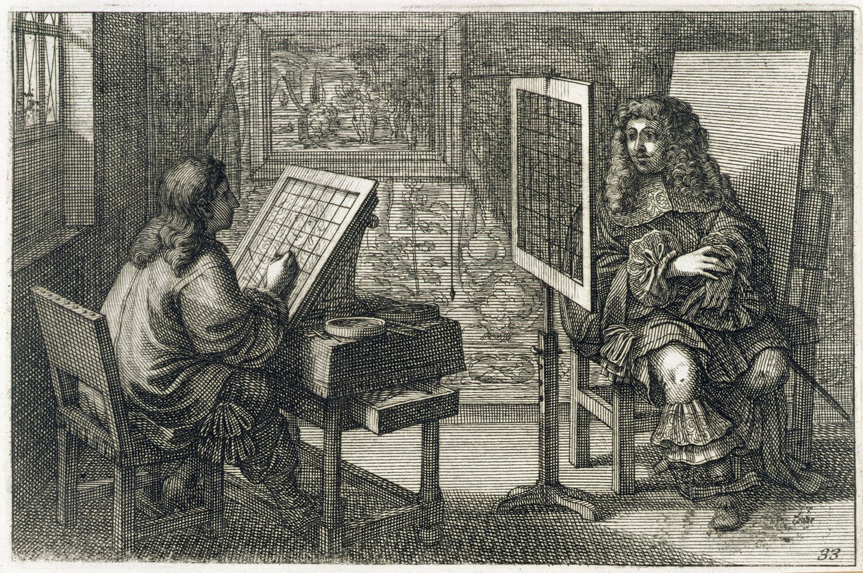 Artista pintando um retrato sobre uma grade para proporção exata, impresso Paris 1737 de Abraham Bosse