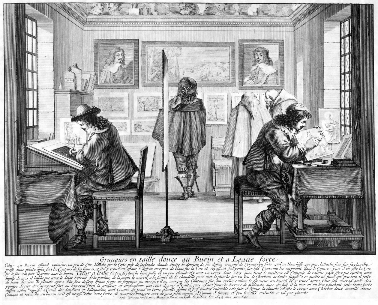 Gravadores de placas trabalhando com galeria atrás, 1643 de Abraham Bosse