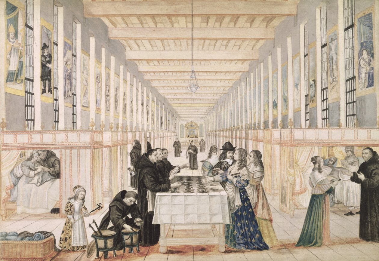 A Enfermaria das Irmãs da Caridade durante uma visita de Anne da Áustria (1601-66) c.1640 (ver também 159214) de Abraham Bosse