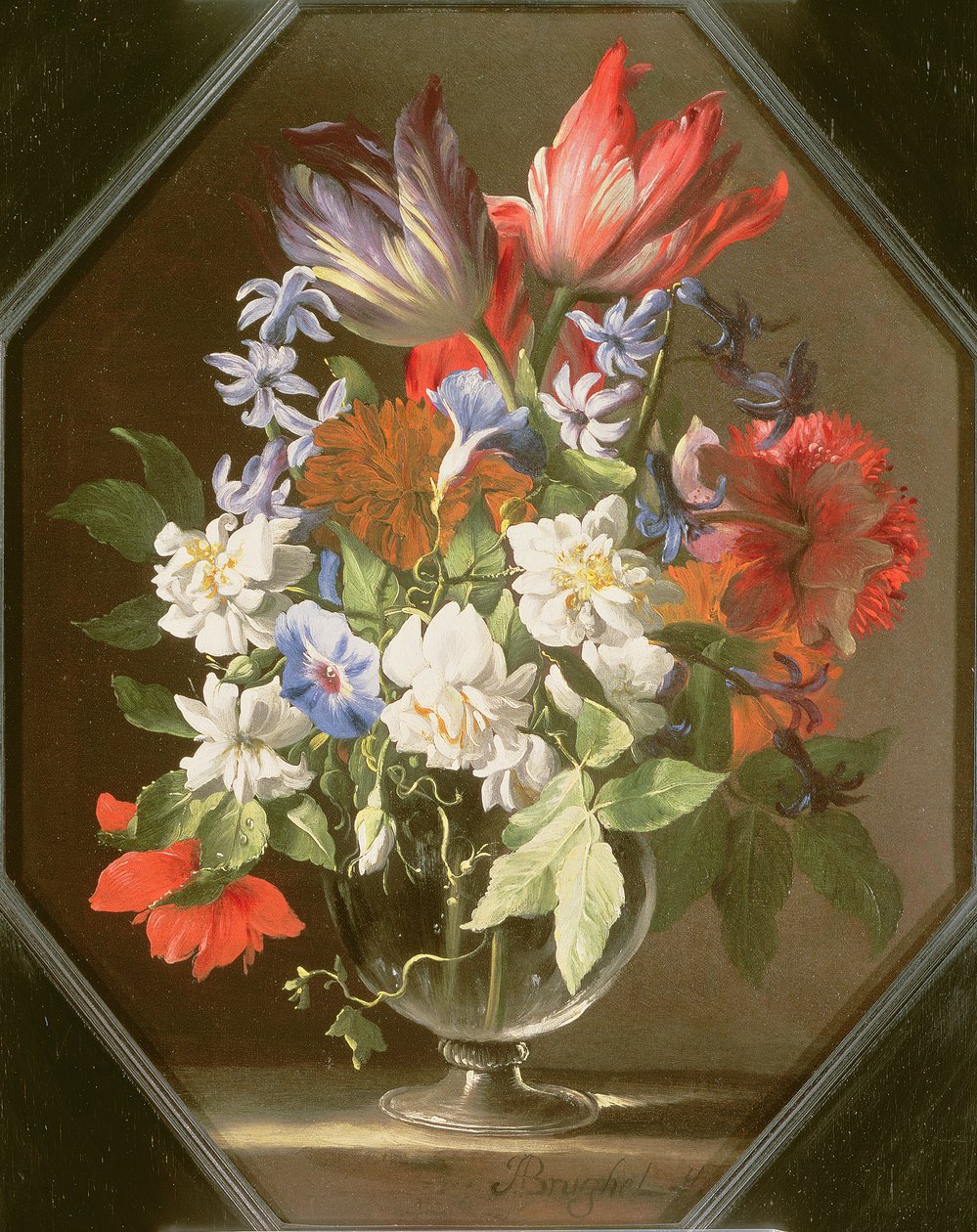 Um, vaso, de, flores, ligado, um, borda pedra, contendo, tulips, crisântemos, dálias, e, narcissi, 17o século de Abraham Brueghel