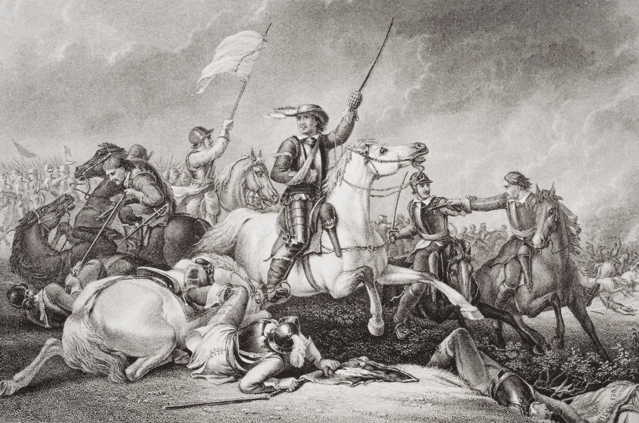 Cromwell liderando uma carga depois de ser ferido em seu braço direito na Batalha de Marston Moor, em 2 de julho de 1644, de "Ilustrações da História Escocesa e Inglês" Volume I (gravura) de Abraham Cooper