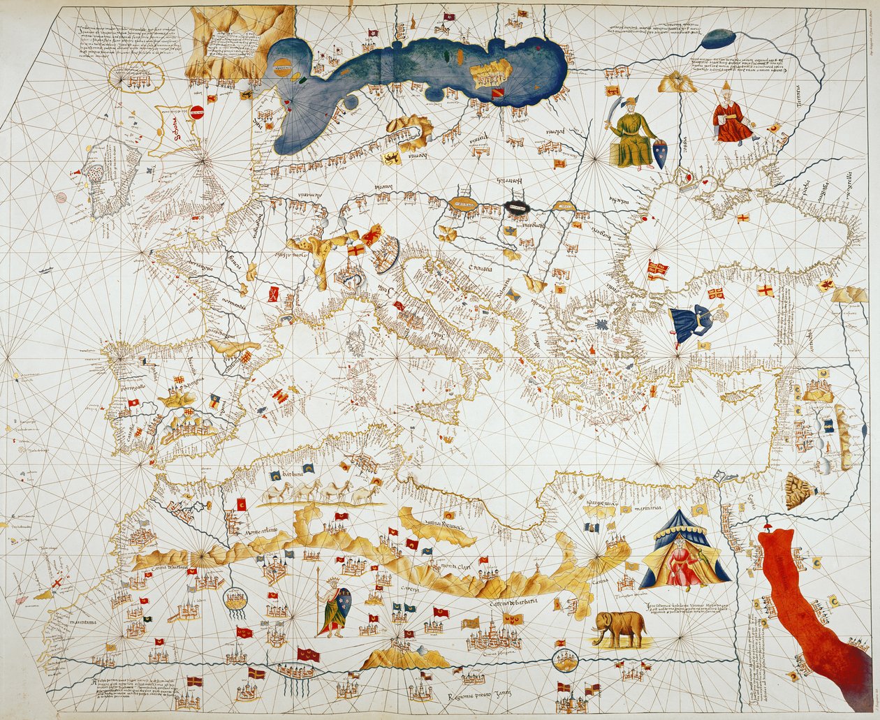 Cópia do mapa catalão da Europa, norte da África e Oriente Médio (gravura colorida à mão) de Abraham Cresques