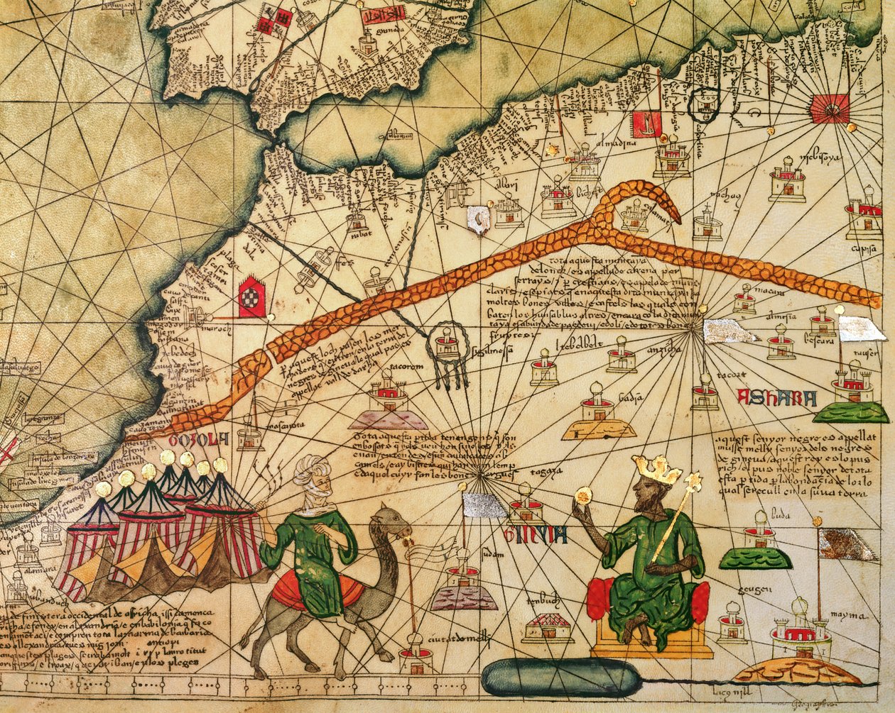 Detalhe da cópia de um mapa catalão da Europa e norte da África, apresentado a Carlos V da França em 1381 de Abraham Cresques