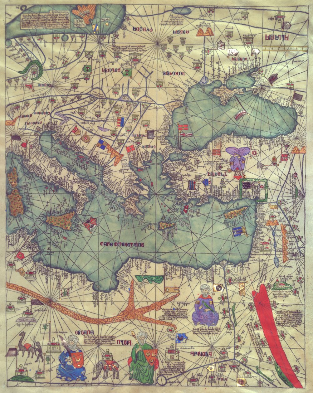 Mapa da Europa Oriental, vista do sul. Atlas catalão de Abraham Cresques