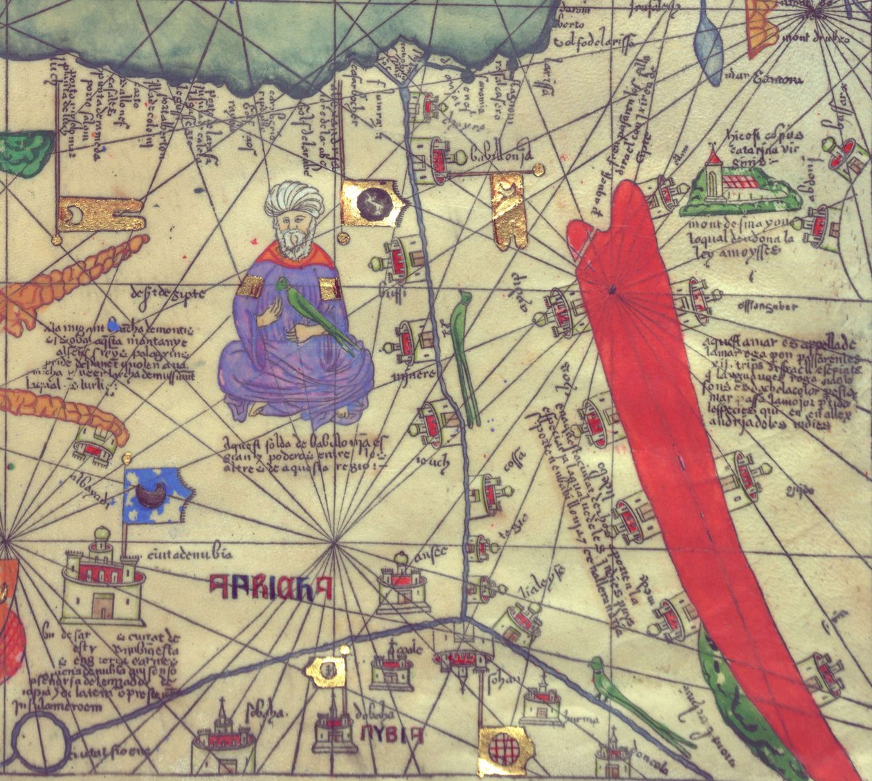 Mapa do nordeste da África e do sudoeste do Levante, vista do sul. Atlas catalão. de Abraham Cresques