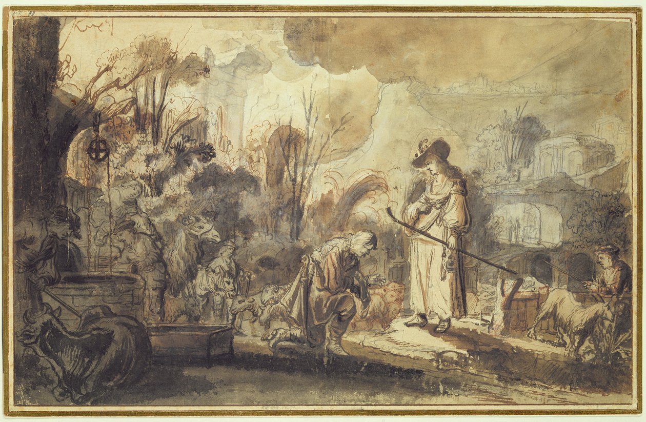 Eliezer e Rebecca no Poço (caneta e tinta lavam lápis e giz vermelho sobre papel) de Abraham Furnerius