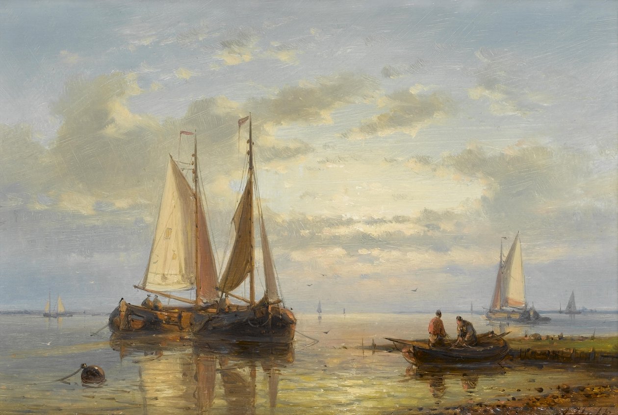 Barcos de pesca ancorados no raso ao entardecer de Abraham Hulk
