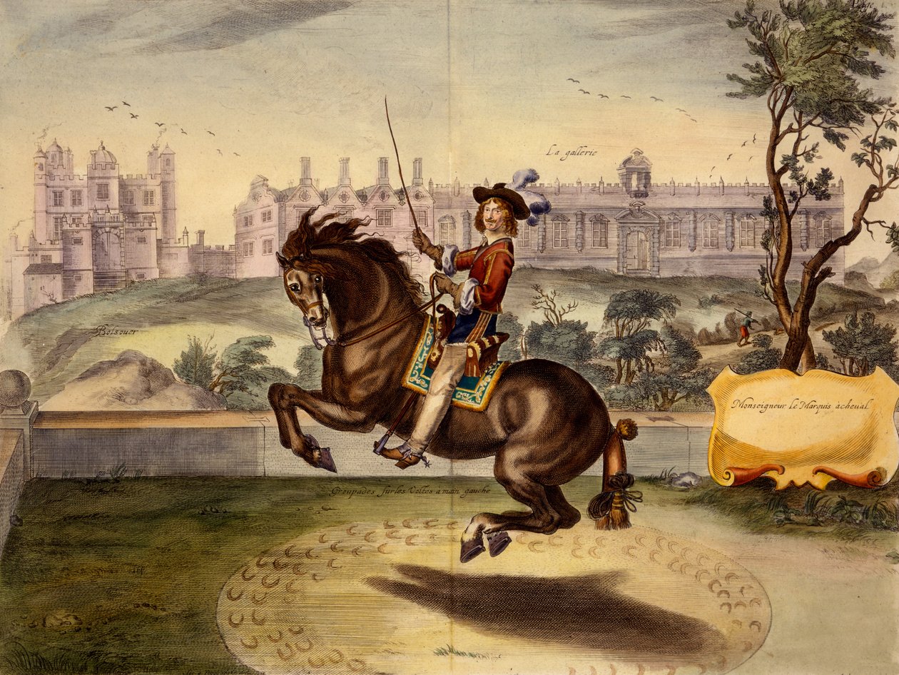 Cavendish realiza volte, com o Bolsover Castle e seu bloco Manege no fundo, de The Method e New Invention of Dressing Horses por William Cavendish, publicado em 1737 (2nd edn) (aquatint) de Abraham van Diepenbeeck