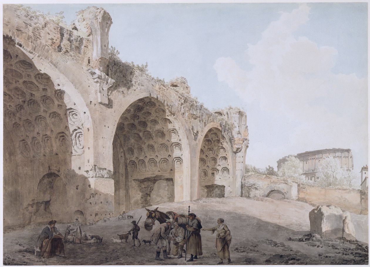 Ver no Fórum Romano (O Templo da Paz) 1779 (wc com caneta e tinta sobre lápis sobre papel) de Abraham Louis Rudolph Ducros