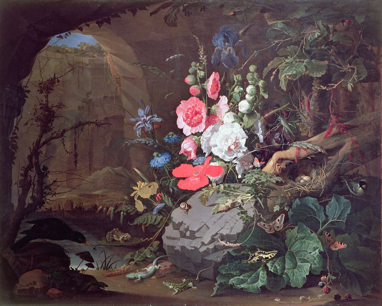 Flores e pássaros em uma caverna de Abraham Mignon