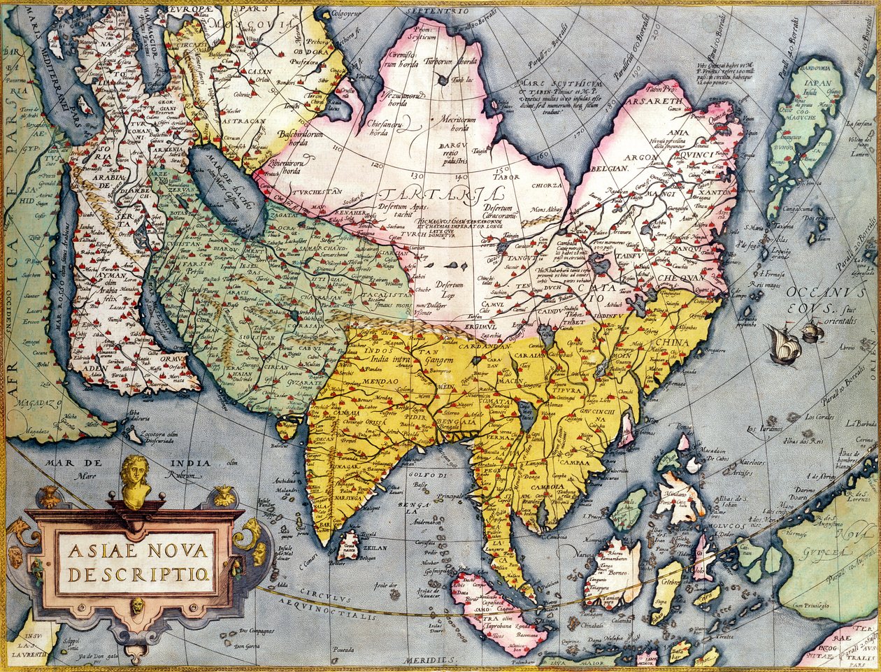Ásia: Mapa do continente incluindo o Japão e as Índias Orientais com parte da Nova Guiné, c.1580 de Abraham Ortelius