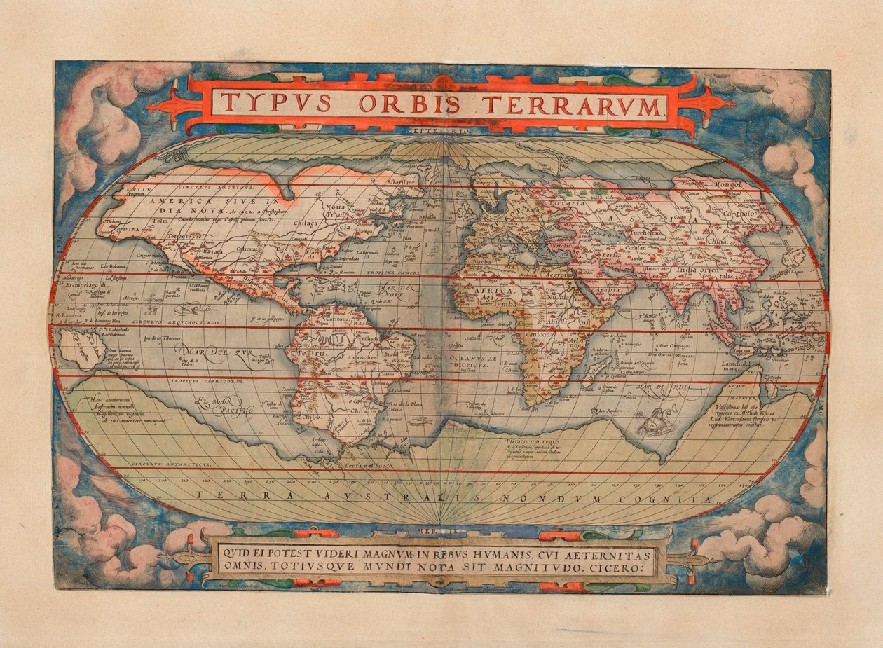 O mapa é publicado em (1579) e mostra o mapa do mundo de Abraham Ortelius