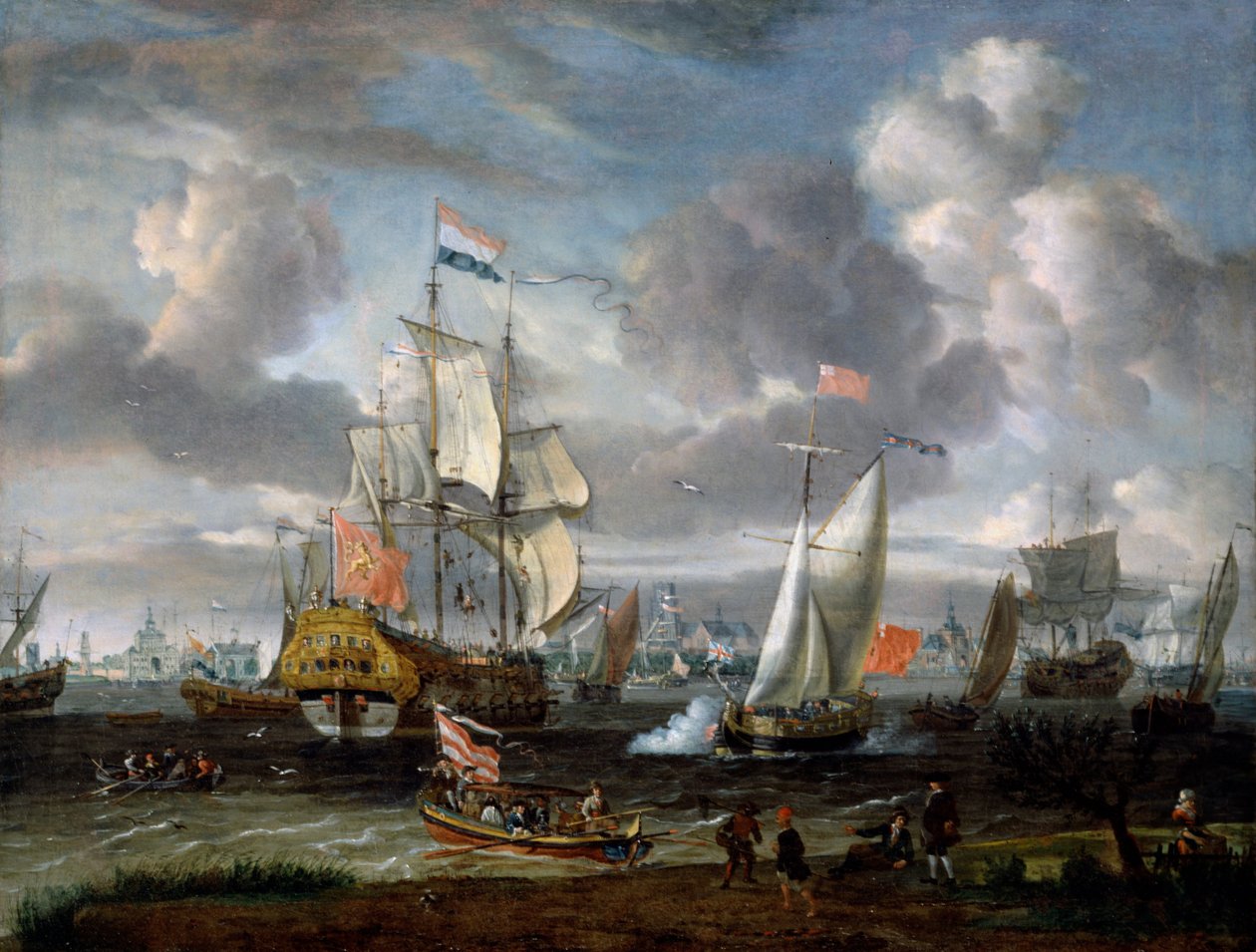 Um iate inglês saudando um holandês homem-de-guerra no porto de Roterdã de Abraham Storck