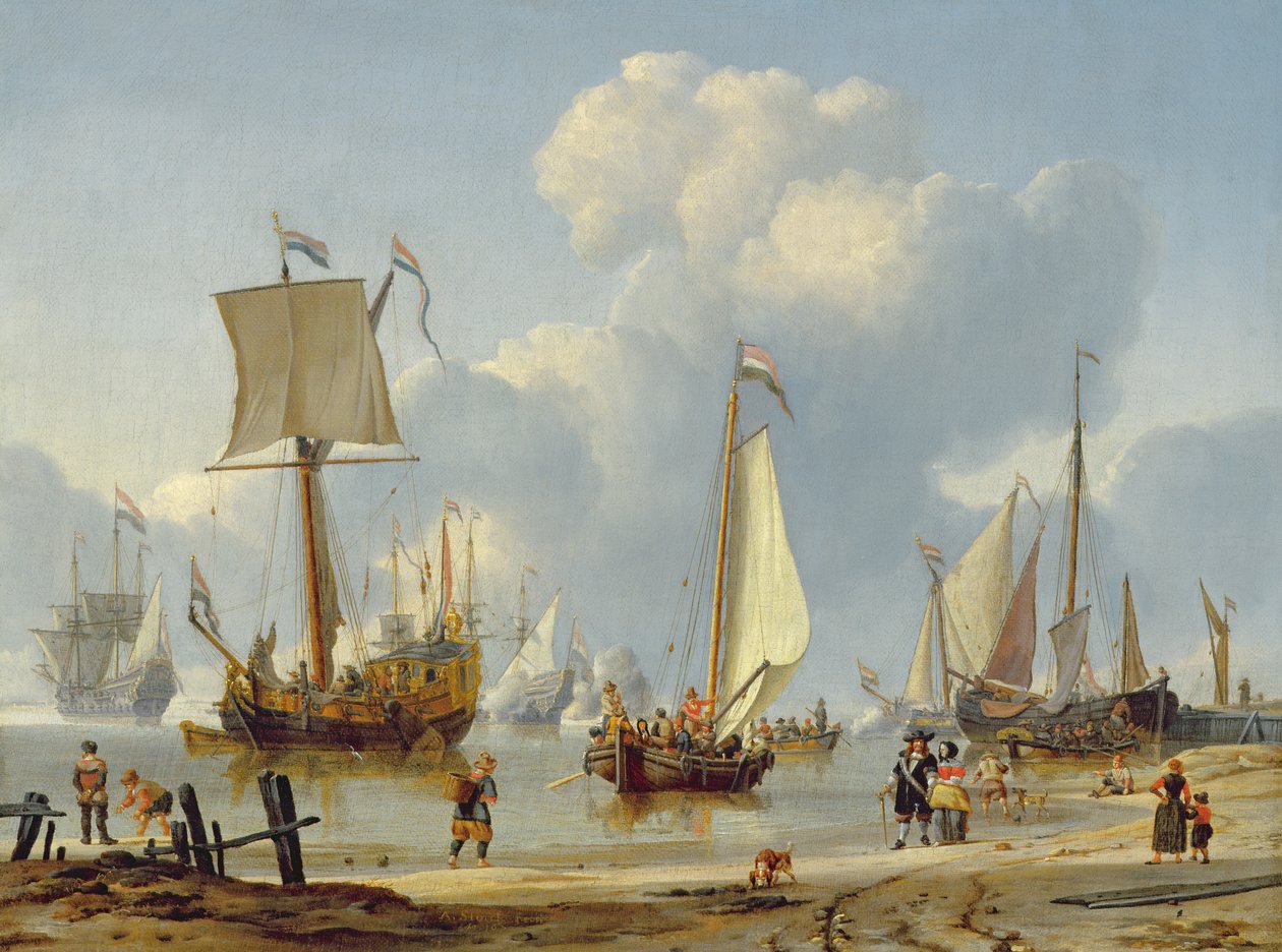 Navios em águas calmas com figuras da costa de Abraham Storck