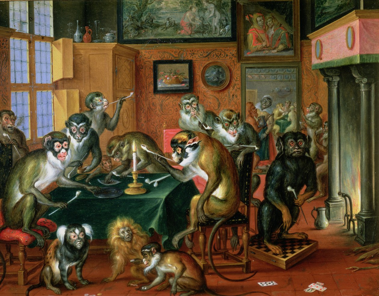 A sala de fumar com macacos (óleo em cobre) de Abraham Teniers