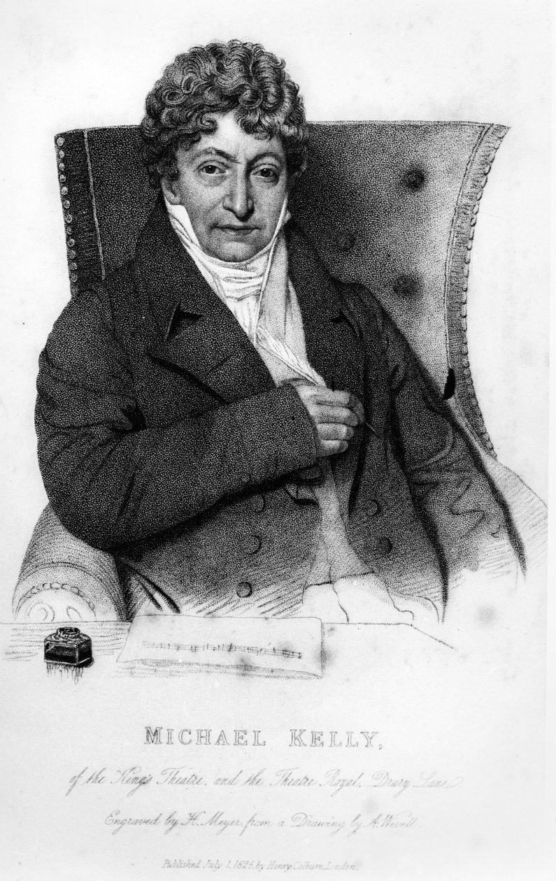 Michael Kelly, frontispício de "Reminiscences of Michael Kelly", de Michael Kelly e Theodore Hook, impresso por H. Meyer, publicado em 1825 de Abraham Wivell