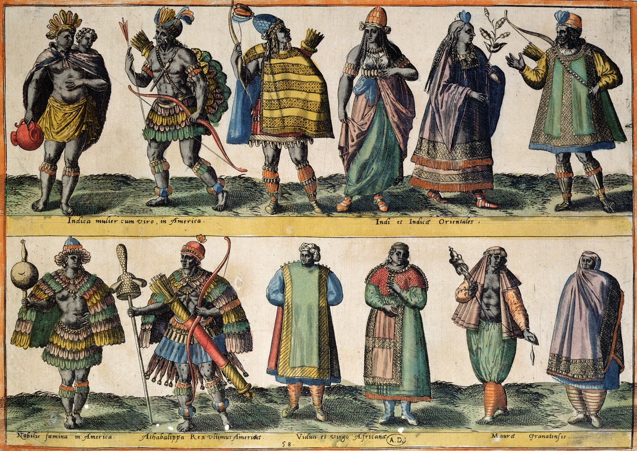 Índios norte-americanos, trajes indianos e orientais, índios sul-americanos e trajes africanos e mouros, de &39;trajes de diferentes nações da Europa, Ásia, África e América&39;, publicado em 1581 de Abraham de Bruyn
