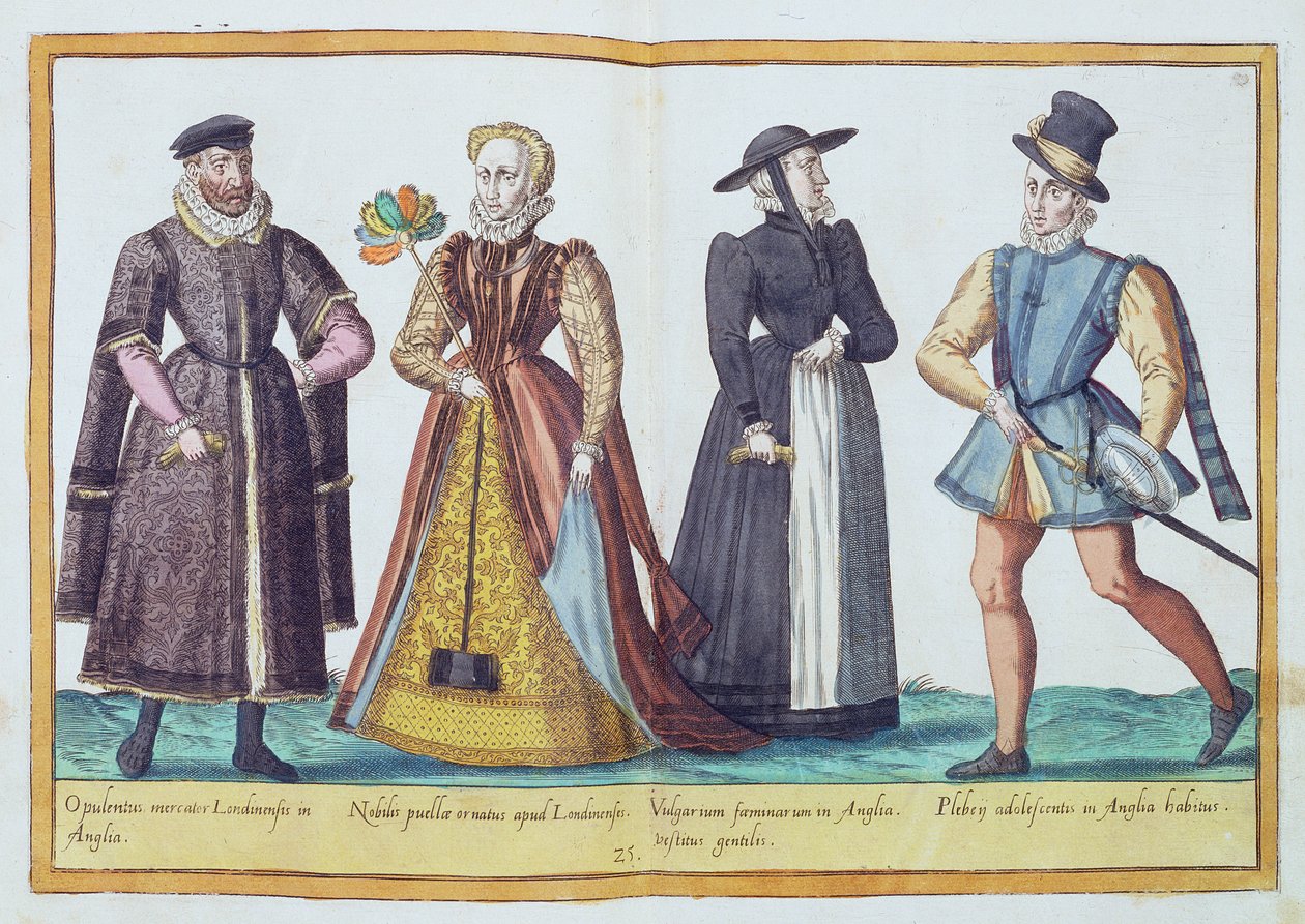 Trajes ingleses do século XVI de &39;Omnium Poene Gentium Imagines&39;, publicado em Colônia, 1577 (gravura colorida à mão) de Abraham de Bruyn