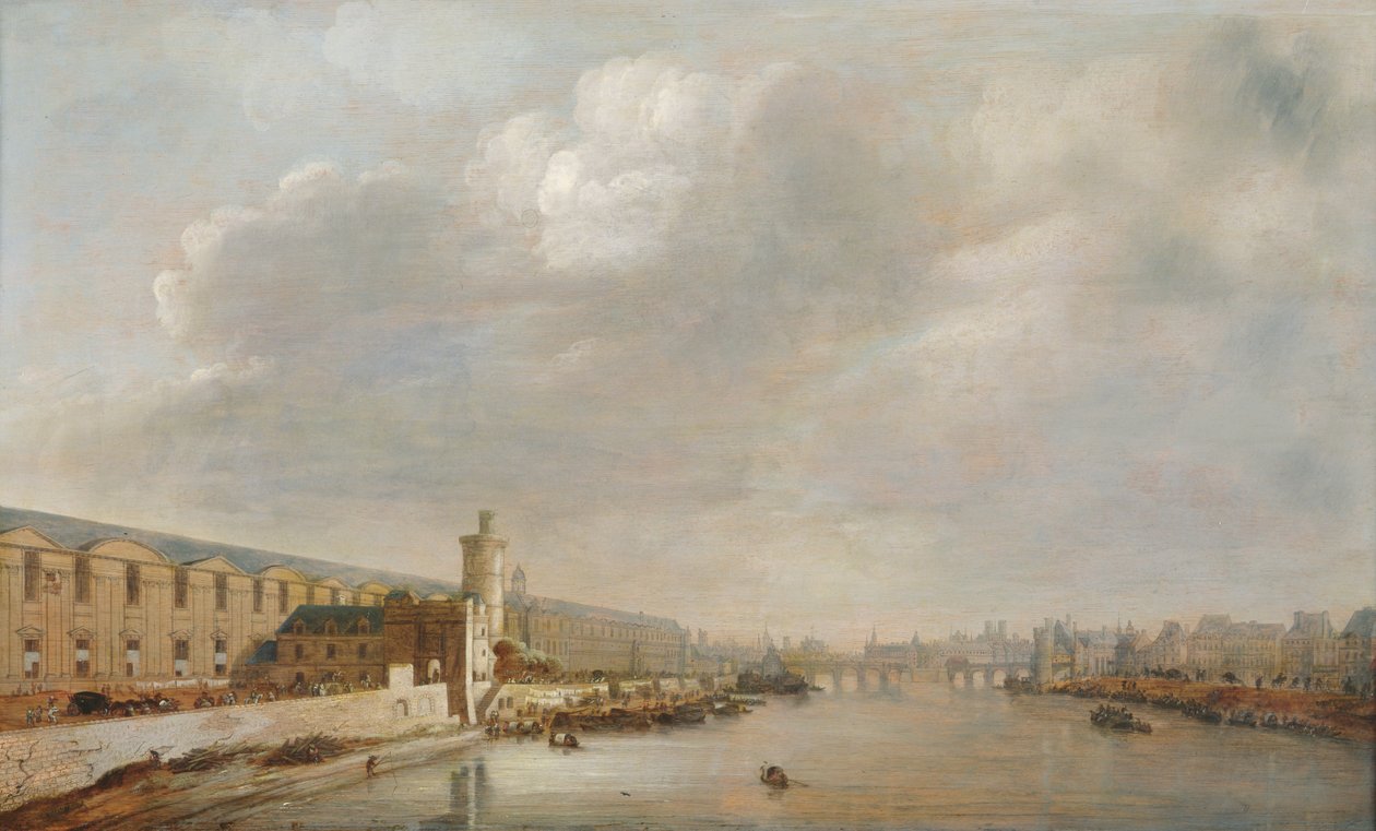O Louvre Grande Galerie, vista de Paris a partir da ponte Barbier (a montante), c.1640 (óleo sobre madeira) de Abraham de Verwer