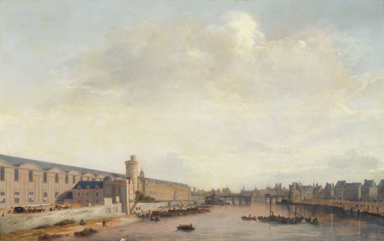 O Louvre Grande Galerie, vista de Paris a partir da ponte Barbier, c.1640 (óleo sobre madeira) de Abraham de Verwer