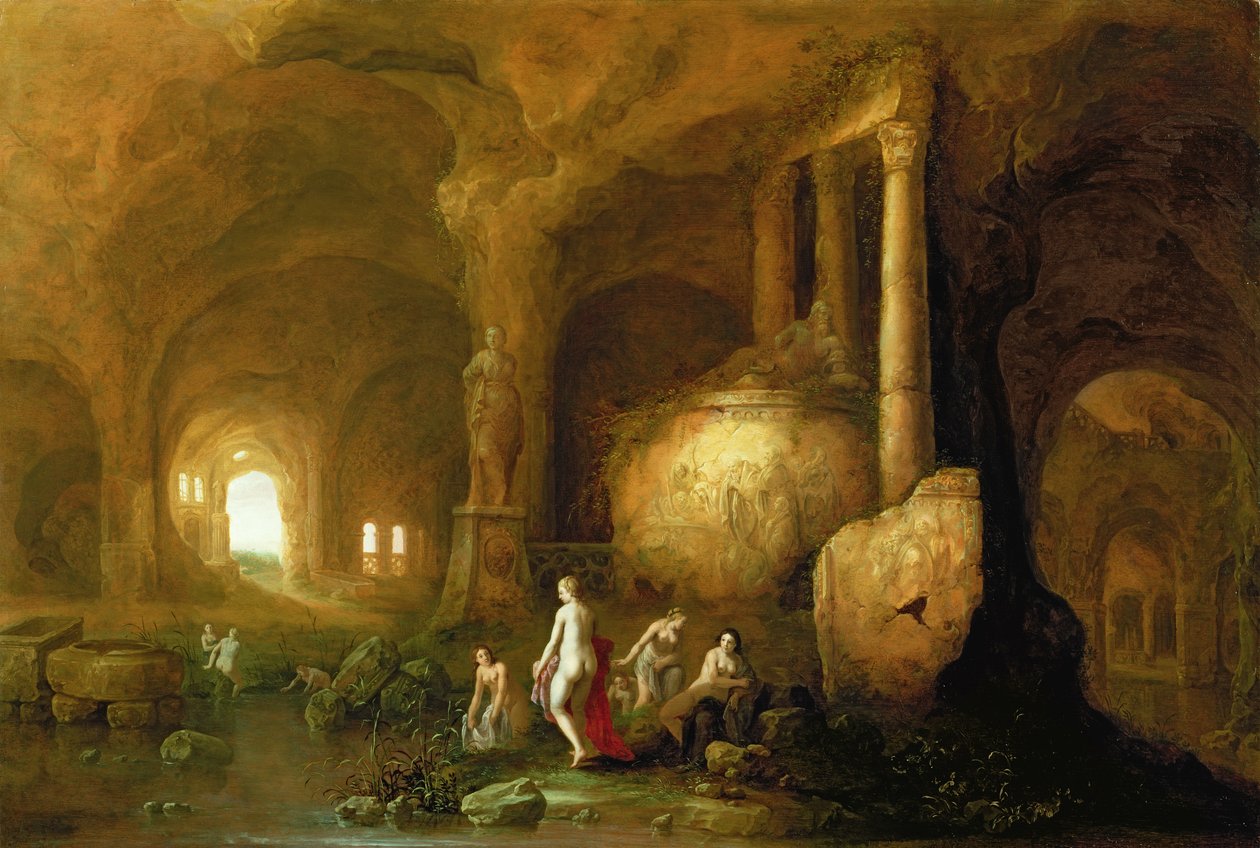 Ninfas tomando banho em ruínas clássicas de Abraham van Cuylenborch