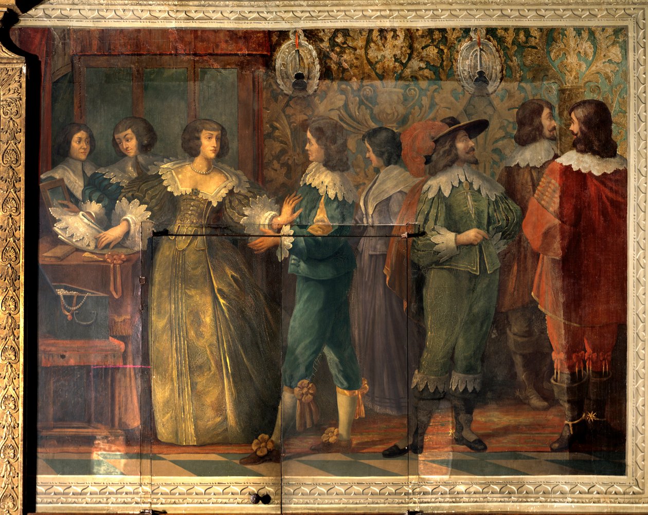 Cena da vida de Charles de Valois (1573-1650), Duque de Angouleme - Cena de festa dada por ocasião do casamento de Charles de Valois com sua segunda esposa em 1644 - Uma mulher, abordada por um cortesão, apreende para colocar sua coleira - Fresco por Abrah de Abraham (after) Bosse