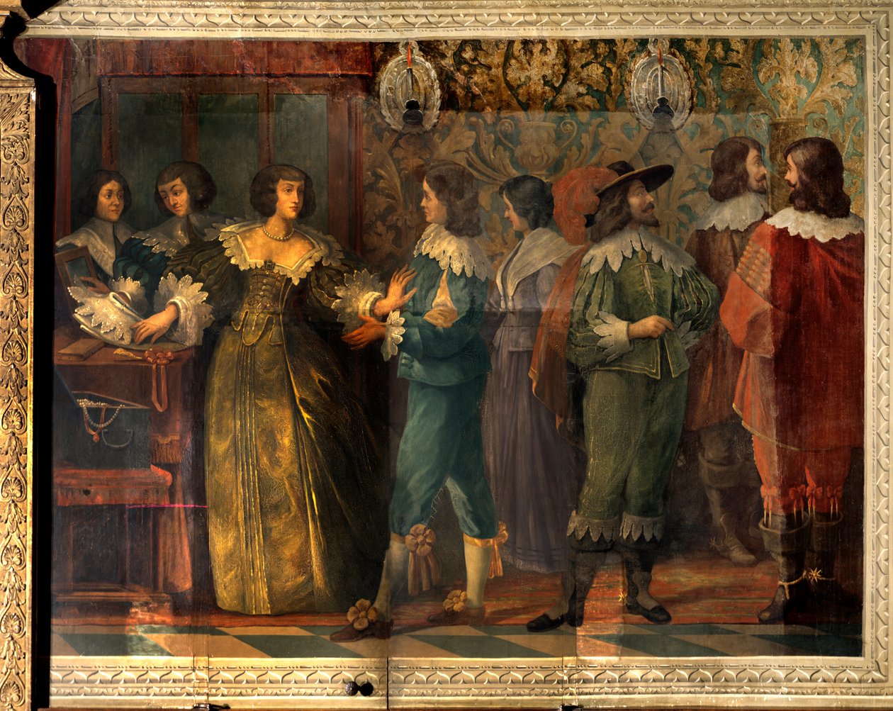 Cena da vida de Charles de Valois (1573-1650), Duque de Angouleme - Cena de festa dada por ocasião do casamento de Charles de Valois com sua segunda esposa em 1644 - Uma mulher, abordada por um cortesão, apreende para colocar sua coleira - Fresco de Abrah de Abraham (after) Bosse