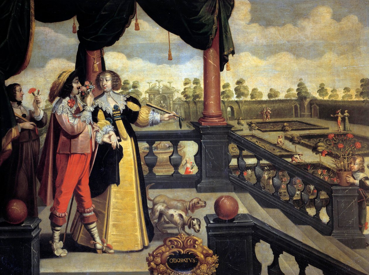 Os Cinco Sentidos: Cheiro Um casal de nobres em frente a um jardim, o homem sente o cheiro de um ramo de flores. Pintura de Abraham Bosse (1602-1674) Século XVII. Tours, Museu de Belas Artes de Abraham (after) Bosse