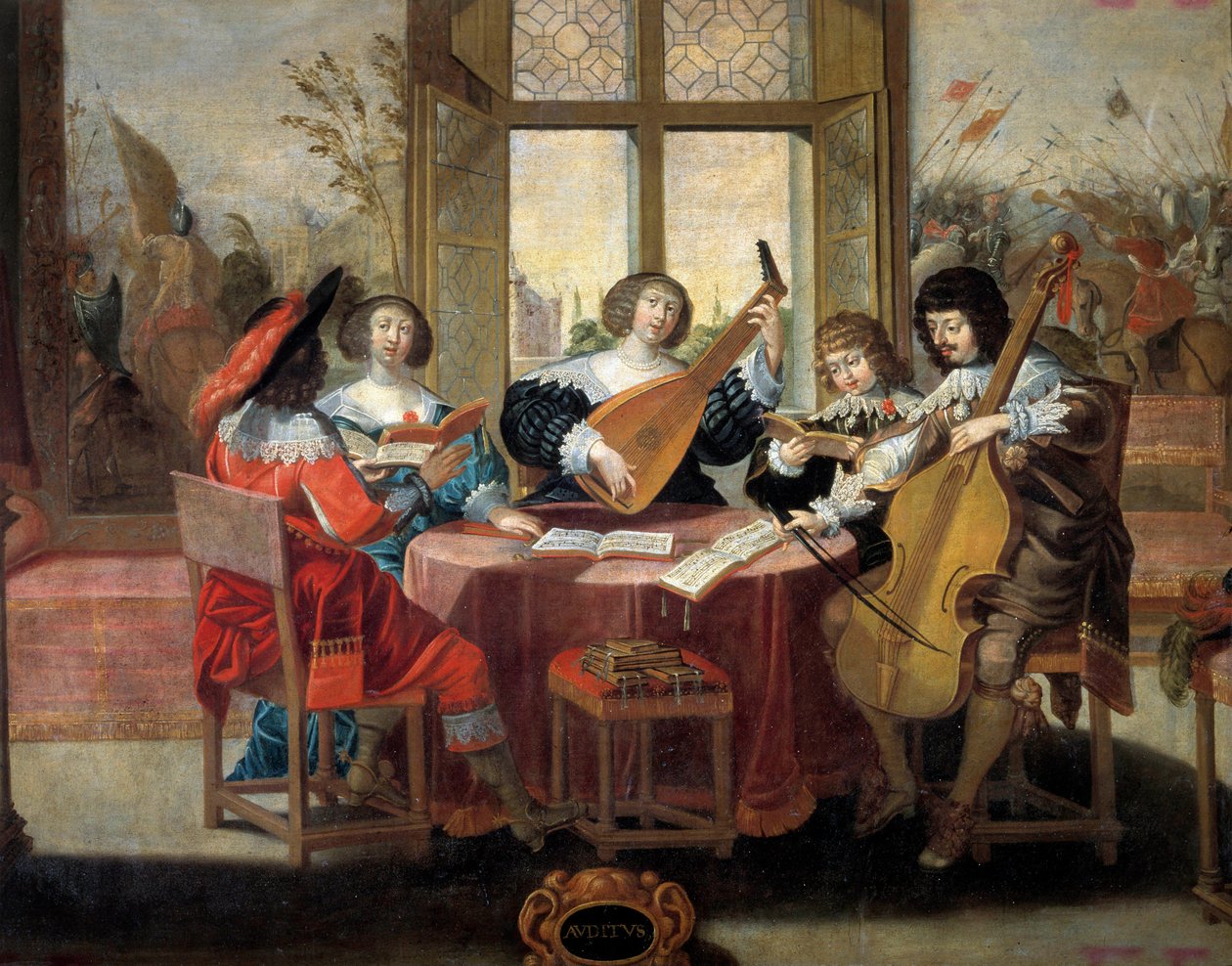 Os cinco sentidos: ouvir Um grupo de pessoas nobres unidas para tocar música e cantar. Pintura de Abraham Bosse (1602-1676). Século XVII. Tours, Museu de Belas Artes de Abraham (after) Bosse
