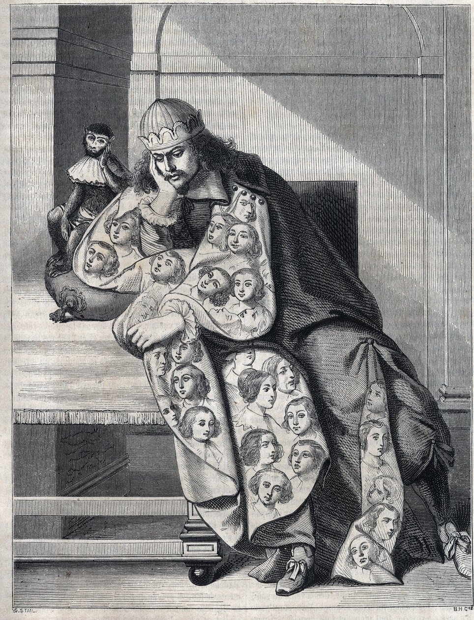 O homem cheio de malícia: um homem com uma capa dupla de cabeça de mulher medita com um macaco ao seu lado. Reprodução de uma estampa de Abraham Bosse (1604-1676). de Abraham (after) Bosse