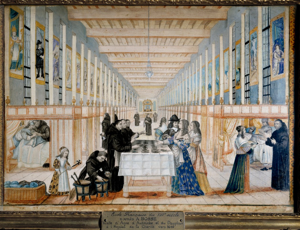 Vista da enfermaria de Charite (Hospital Caritativo também chamado Hospital Bros de Saint-Jean-de-Dieu), em Paris, durante uma visita de Ana da Áustria (1601-1666), infante da Espanha, rainha da França e Navarra O futuro golfinho rei Luís XIV também está a de Abraham (after) Bosse