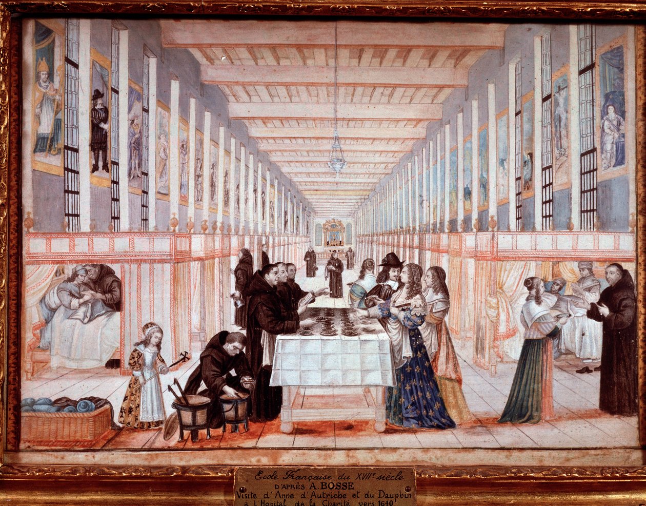 Visita de Ana da Áustria ao Hospital das Irmãs da Caridade. Com O Golfinho (mais tarde Luís IV) (guache, c.1640) de Abraham (after) Bosse