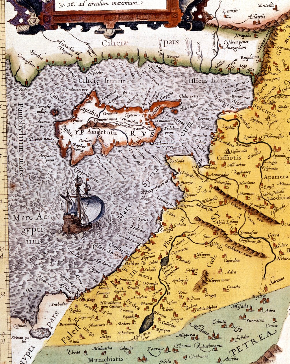 Mapa geográfico histórico da Palestina de acordo com o Atlas de Abraham Ortelius, Amsterdã de Abraham (after) Ortelius
