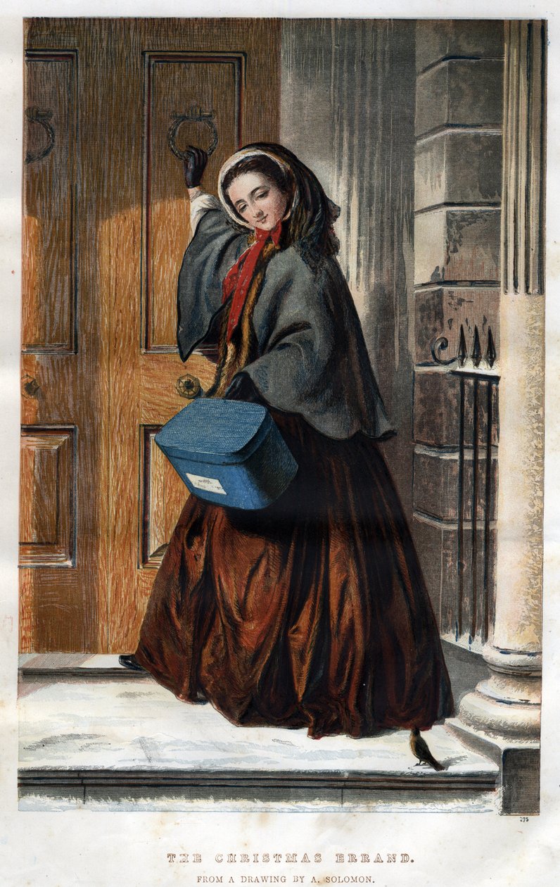Corridas de Natal: uma jovem elegante bate à porta de uma casa com uma parcela na mão, ilustração de um desenho de Abraão Salomão (1824-1862) de Abraham (after) Solomon