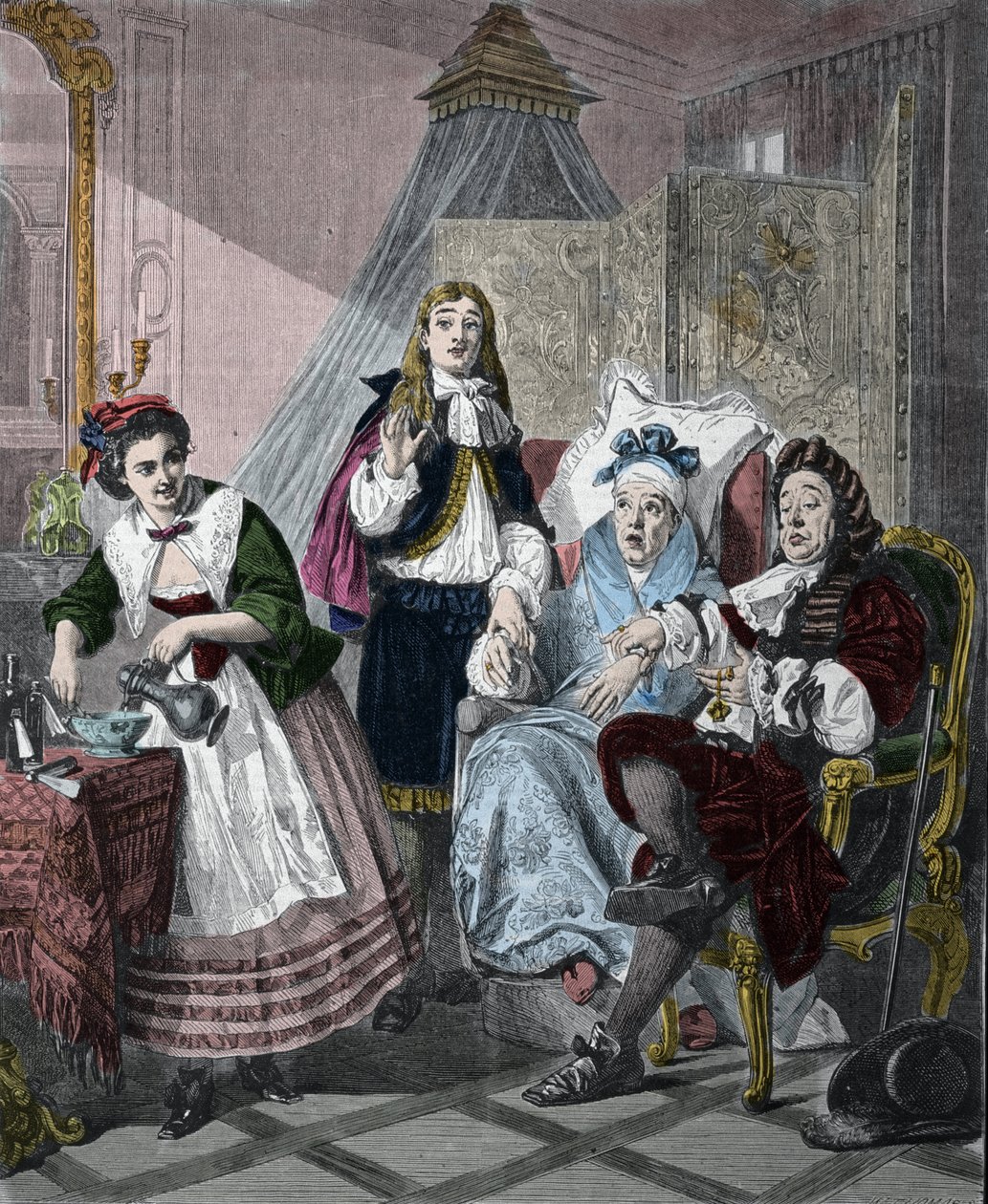 "Le Malade imaginaire" de Jean-Baptiste Poquelin chamado Moliere (1622-1673): cena 9, acto II. Gravura após a pintura de Abraham Solomon (1824-1862), de 1861. de Abraham (after) Solomon