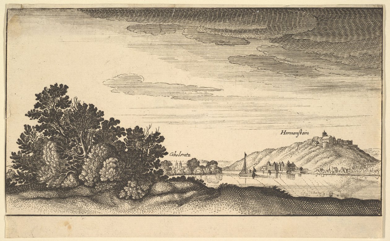 Paisagem mostrando Coblentz e Harmenstein, cópia, século XVII. de Abraham Aubri